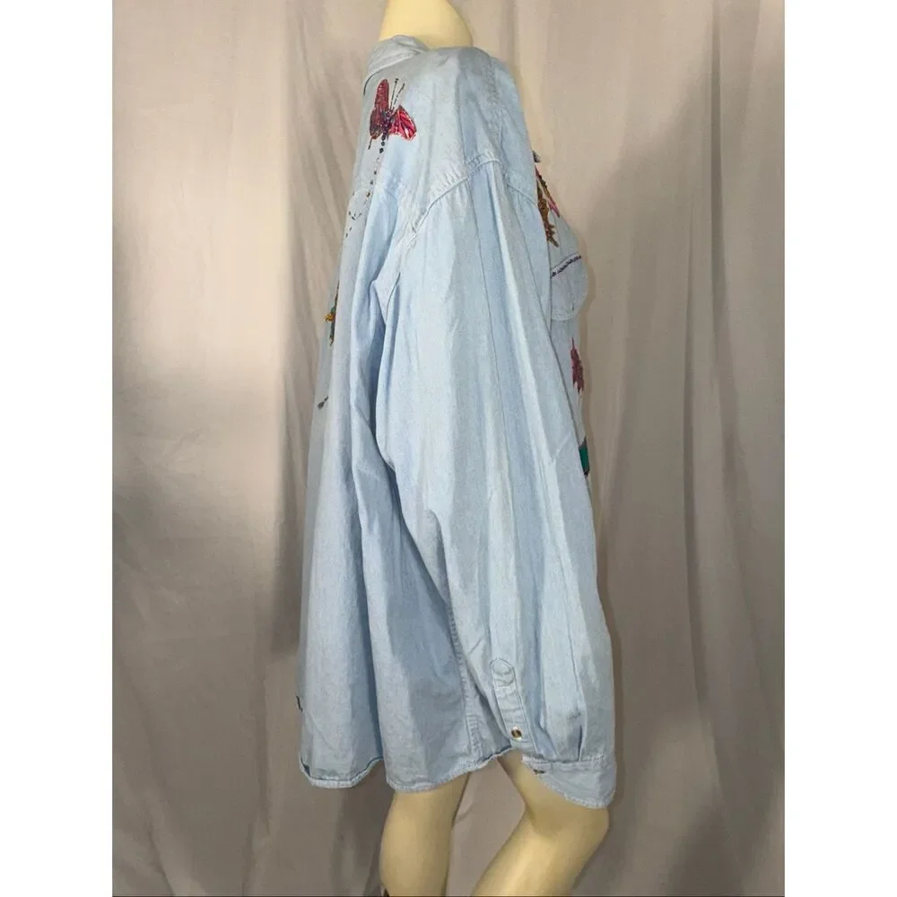 Basic Editions Oversized Denim Shirt 3X – Hand Embellished Floral & Butterfly We